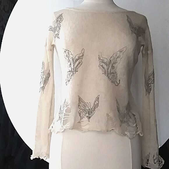 Sweater Women's Distressed Holes Sheer Delicate Butterfly Tattoo Print C… - Picture 1 of 14
